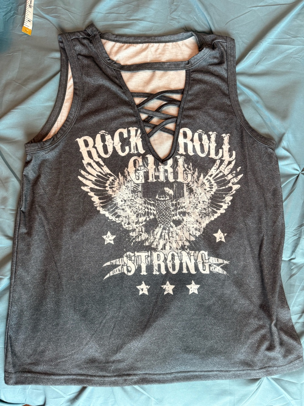 Shein Black Graphic Rock Roll Girl Strong Crisscross Tank